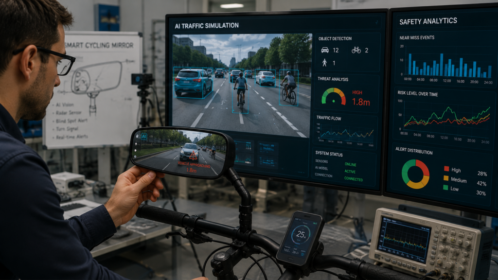 Close‑up of a smart cycling mirror with integrated radarcamera sensors and digital alert display