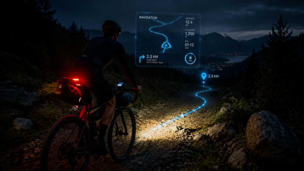 Cyclist on illuminated mountain trail