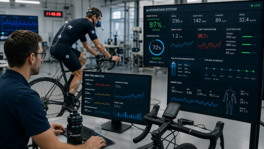Cyclist on stationary trainer in high-tech lab with wearable sensors monitored by engineer