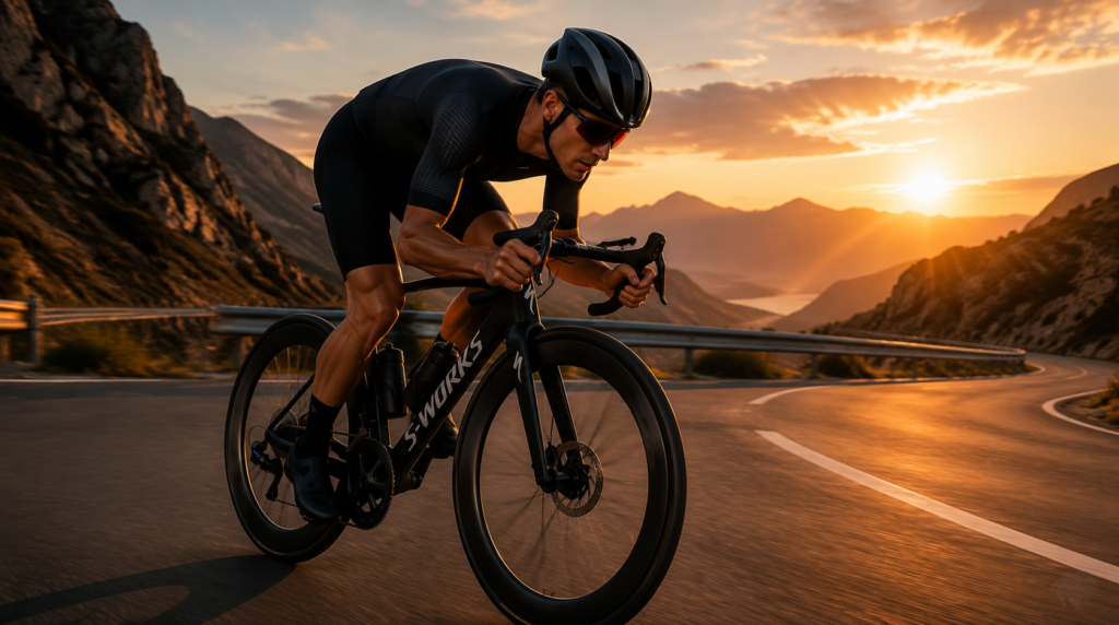 Cyclist racing at sunset on mountain road
