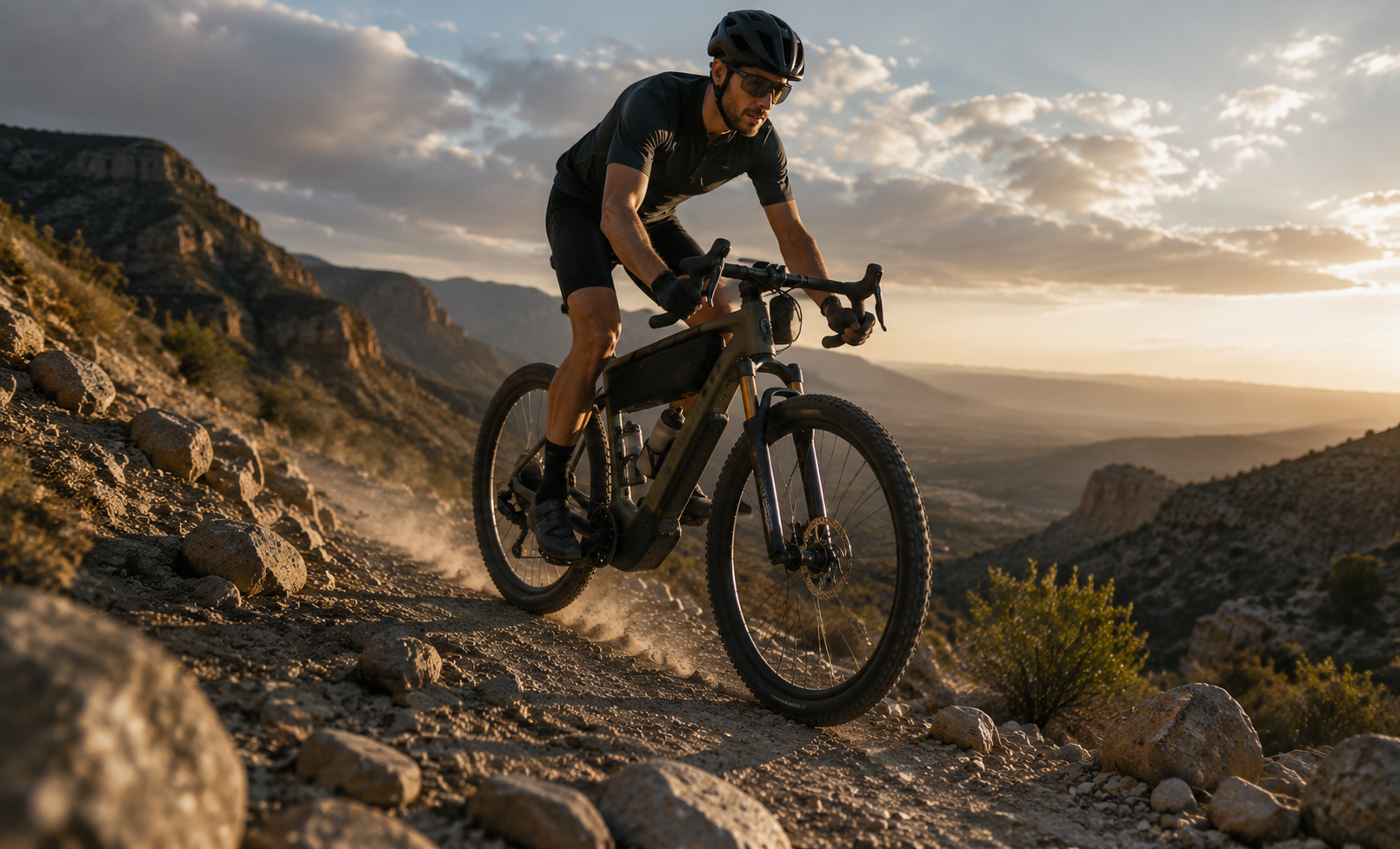 Cyclist riding gravel e-bike with adaptive suspension on rocky trail