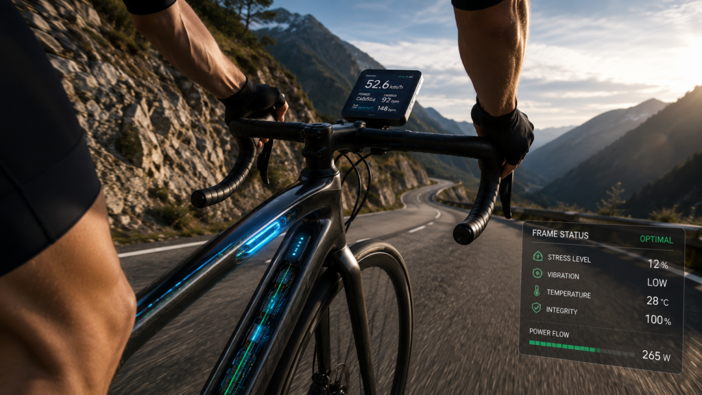 Cyclist riding smart bike with connected frame sensors and real-time performance data
