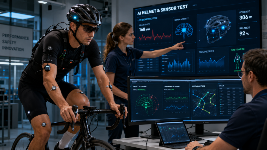 Cyclist testing AI-connected helmet and sensors in modern performance lab