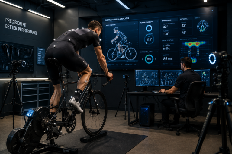 Cyclist undergoing AI-powered bike fit analysis with motion tracking and biomechanical data screens