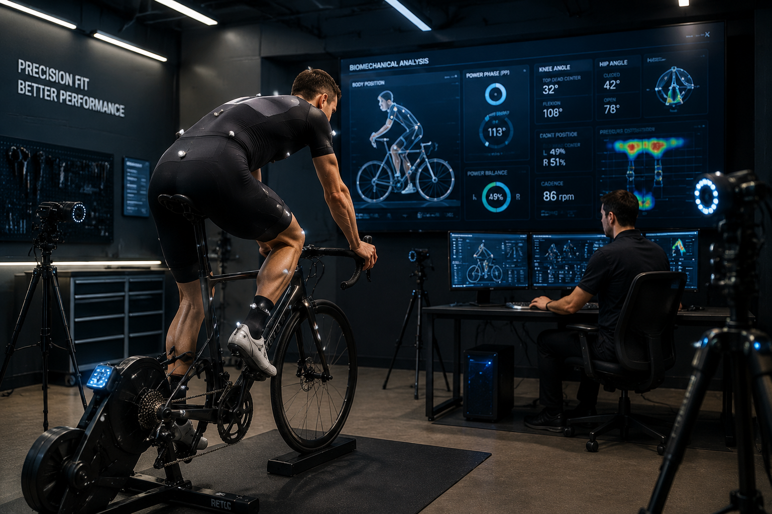 Cyclist undergoing AI-powered bike fit analysis with motion tracking and biomechanical data screens