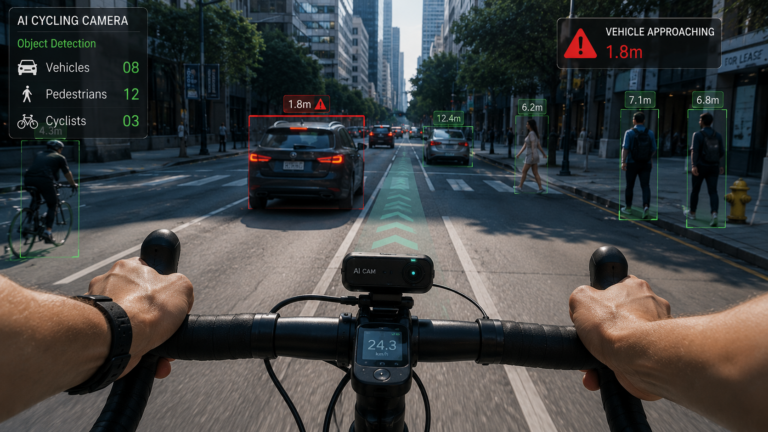Cyclist using AI-powered bike camera with computer vision safety alerts on urban road