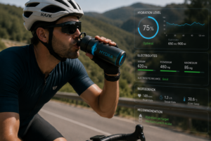Cyclist using a smart hydration bottle with biofeedback sensors during an endurance ride
