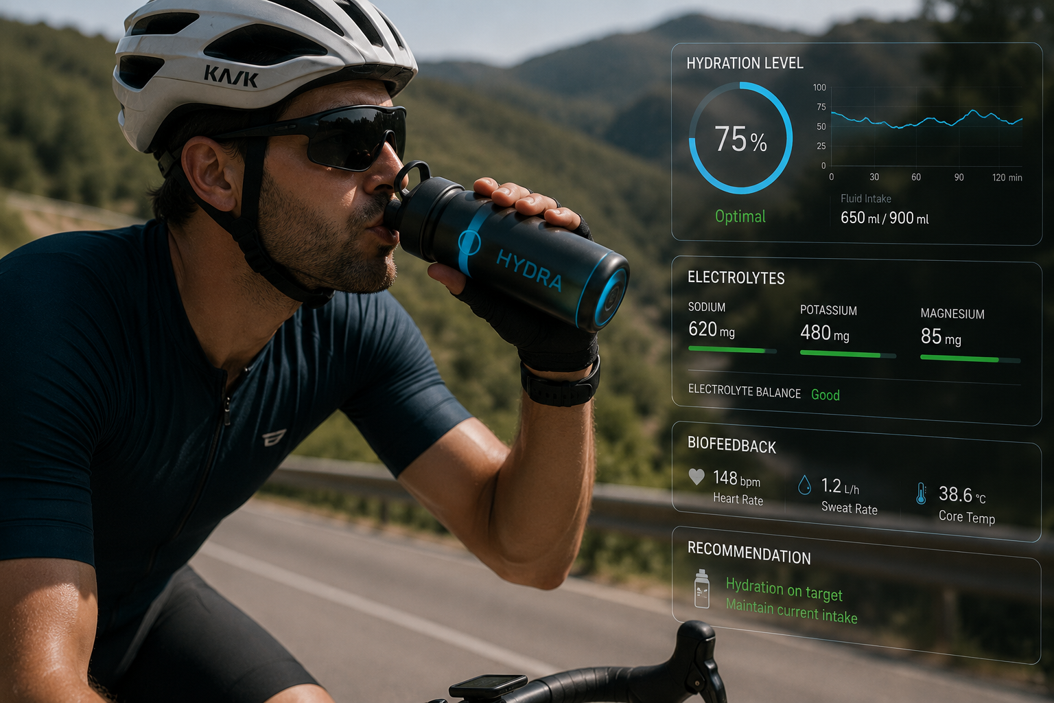 Cyclist using a smart hydration bottle with biofeedback sensors during an endurance ride
