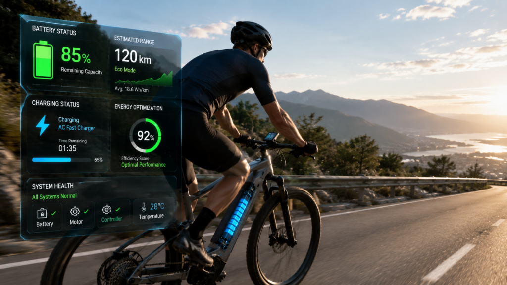 Cyclist using smart e-bike battery monitoring system with range data