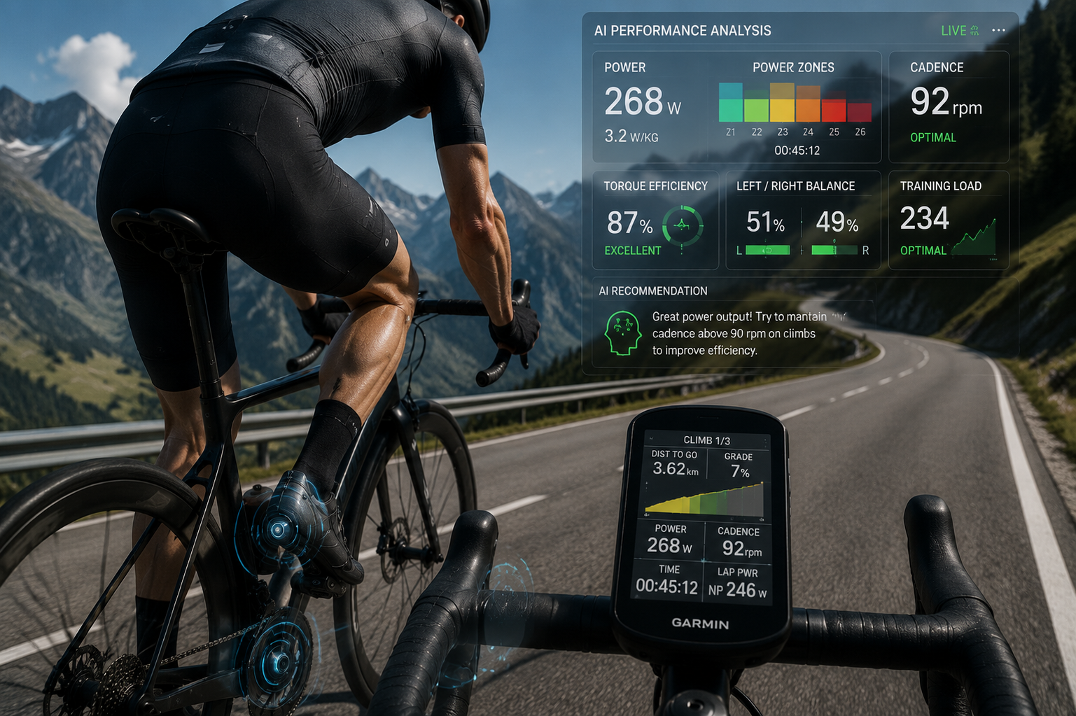Cyclist using smart power meter with AI performance analytics and real-time training data
