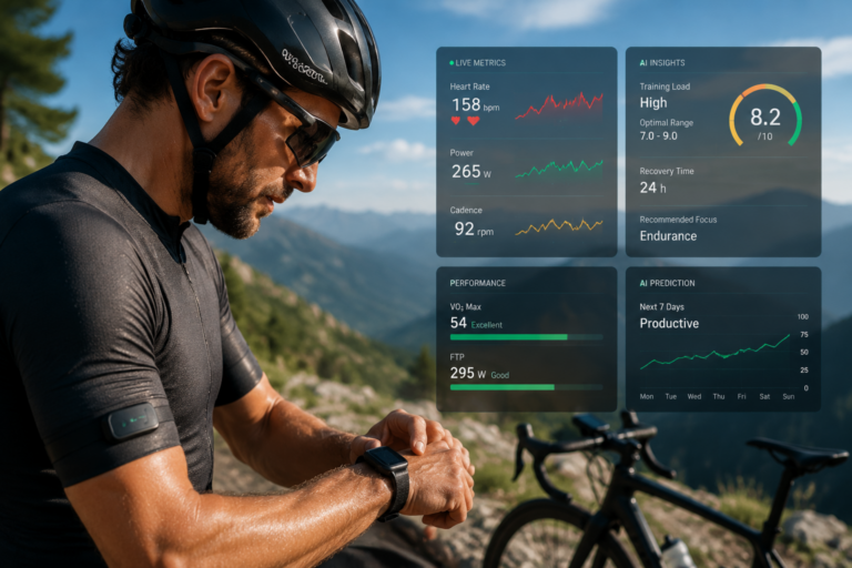Cyclist using wearable sensors synced to AI dashboard