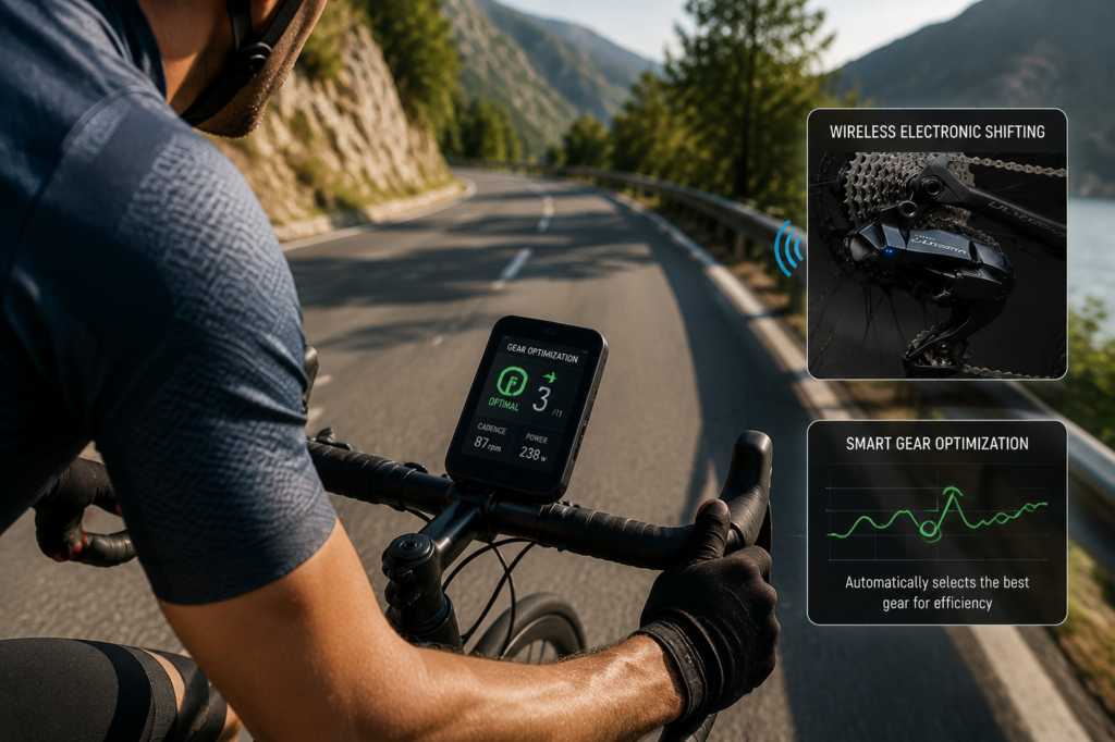 Cyclist using wireless electronic shifting system with smart gear optimization display