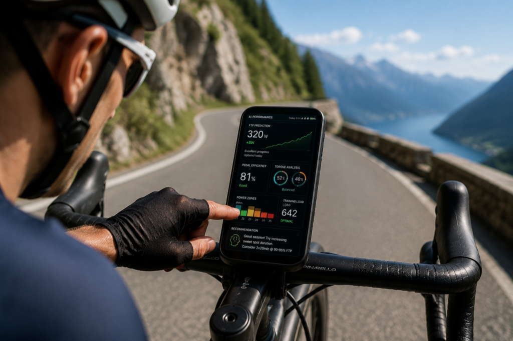Cyclist viewing AI power meter dashboard with FTP prediction and performance analytics