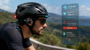 Cyclist wearing AI-integrated helmet with real-time biometric and crash alerts