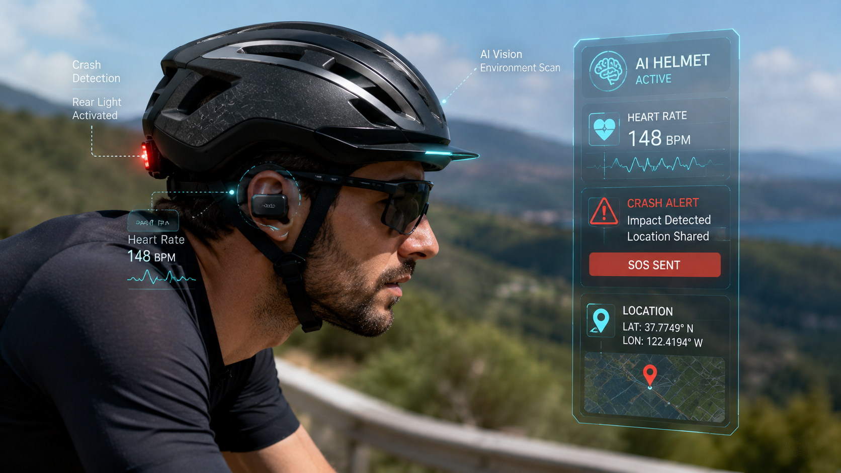 Cyclist wearing AI-integrated helmet with real-time biometric and crash alerts
