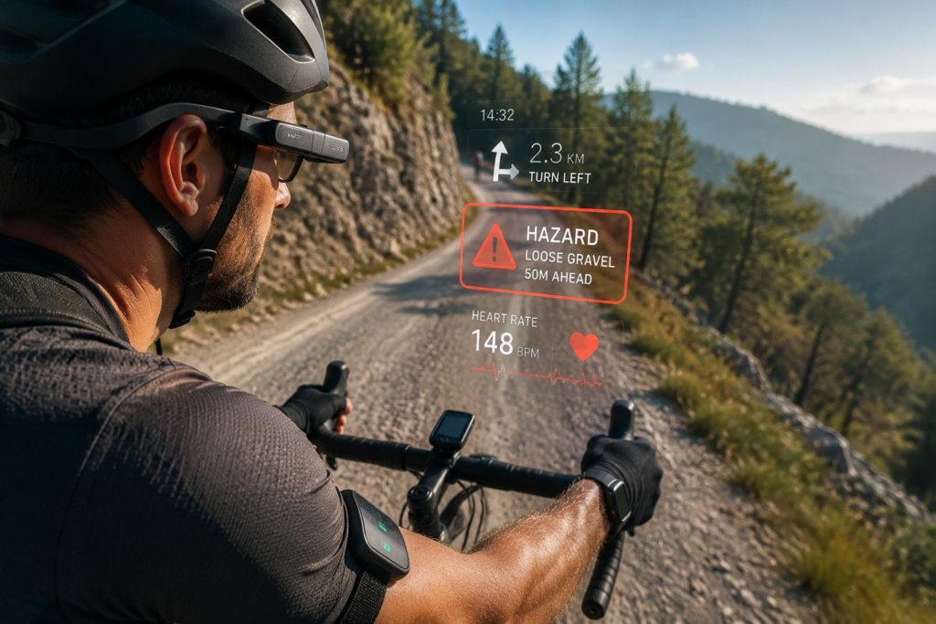 Cyclist wearing AR glasses and wearable sensors showing live hazard alerts and heart rate