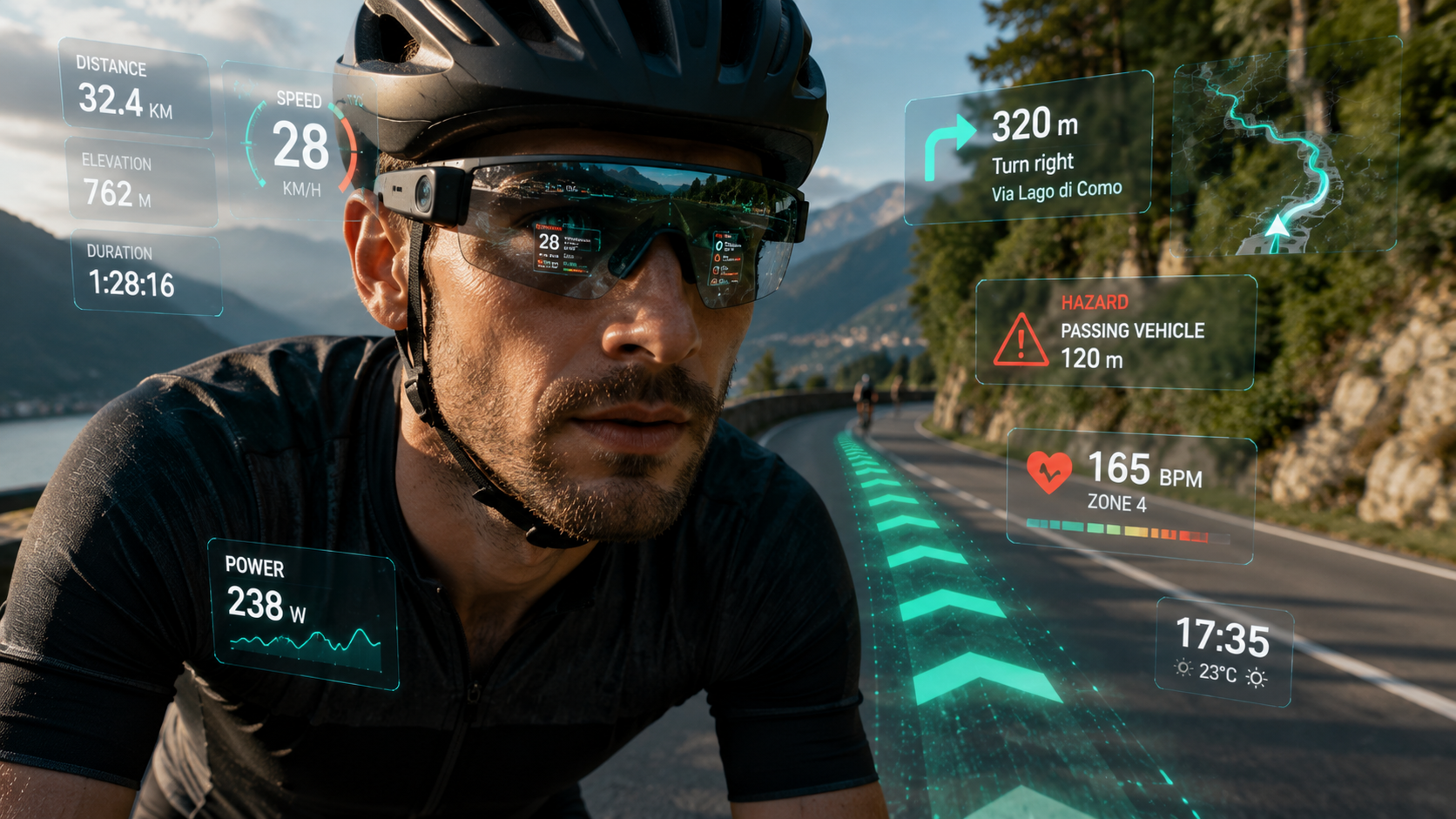 Cyclist wearing AR glasses displaying heads‑up route guidance, hazard alerts, and ride data overlay