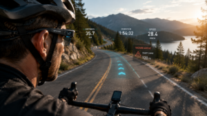 Cyclist wearing AR glasses with heads‑up route guidance and hazard alerts