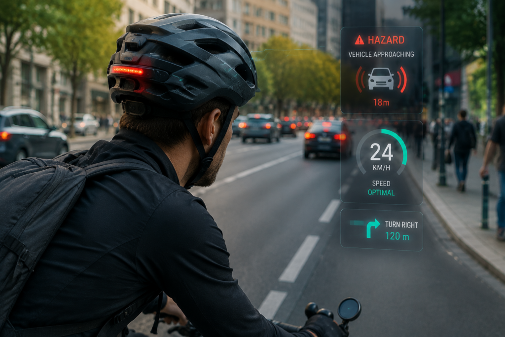 Cyclist wearing smart helmet with AI sensors and digital safety alerts on urban road