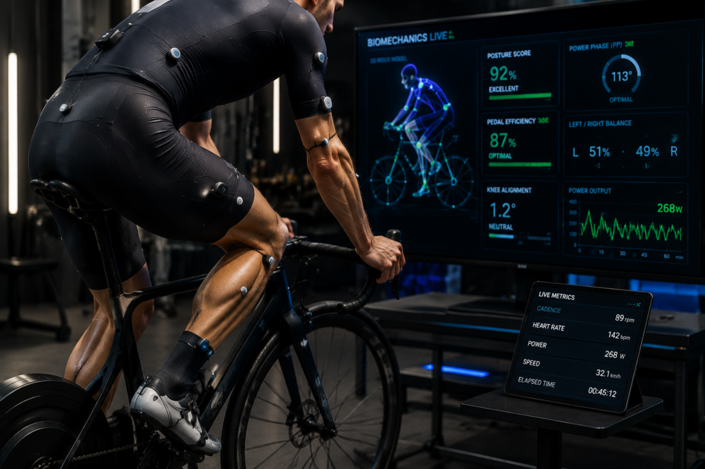 Cyclist wearing smart sensors during AI bike fitting with posture and pedal efficiency analysis
