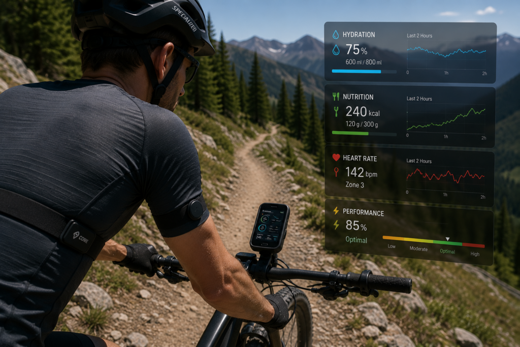 Cyclist wearing wearable sensors and monitoring connected hydration and nutrition dashboard