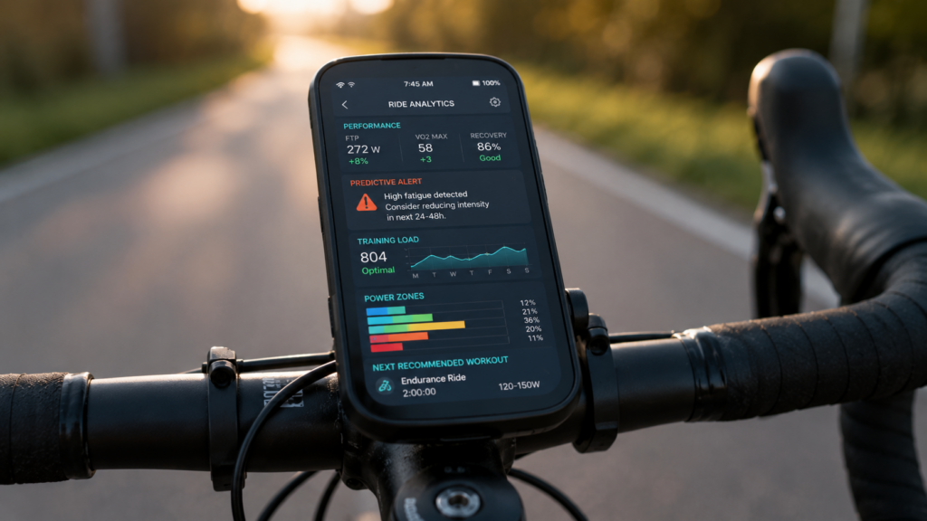 Cyclist's perspective with ride analytics displayed