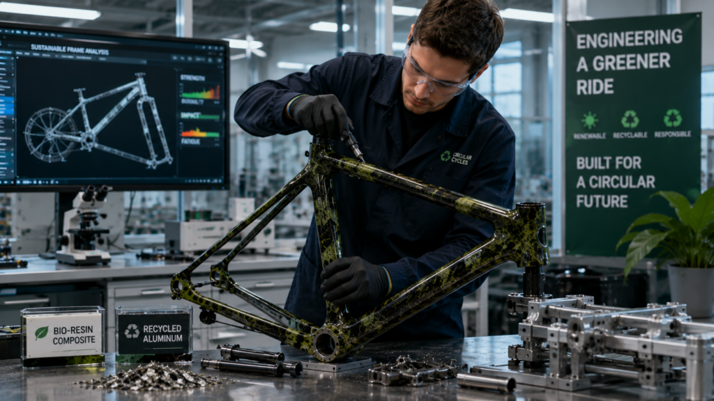Engineer assembling or testing sustainable bike frame made from bio-resin composites