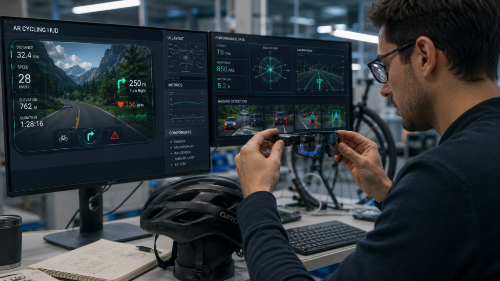 Engineer calibrating AR heads‑up display for cycling in a modern lab with screens showing UI design