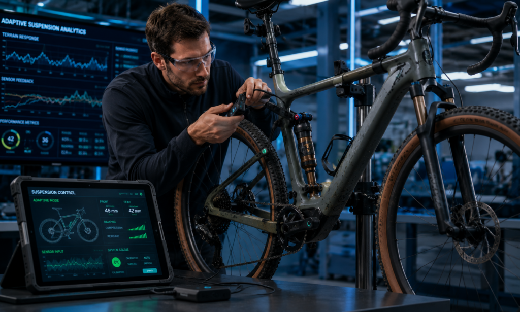 Engineer calibrating adaptive suspension system on gravel bike in high-tech lab