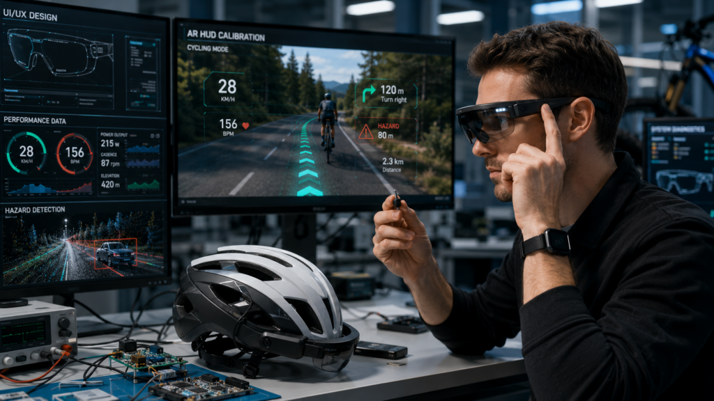 Engineer configuring AR cycling HUD in tech lab with UI displays