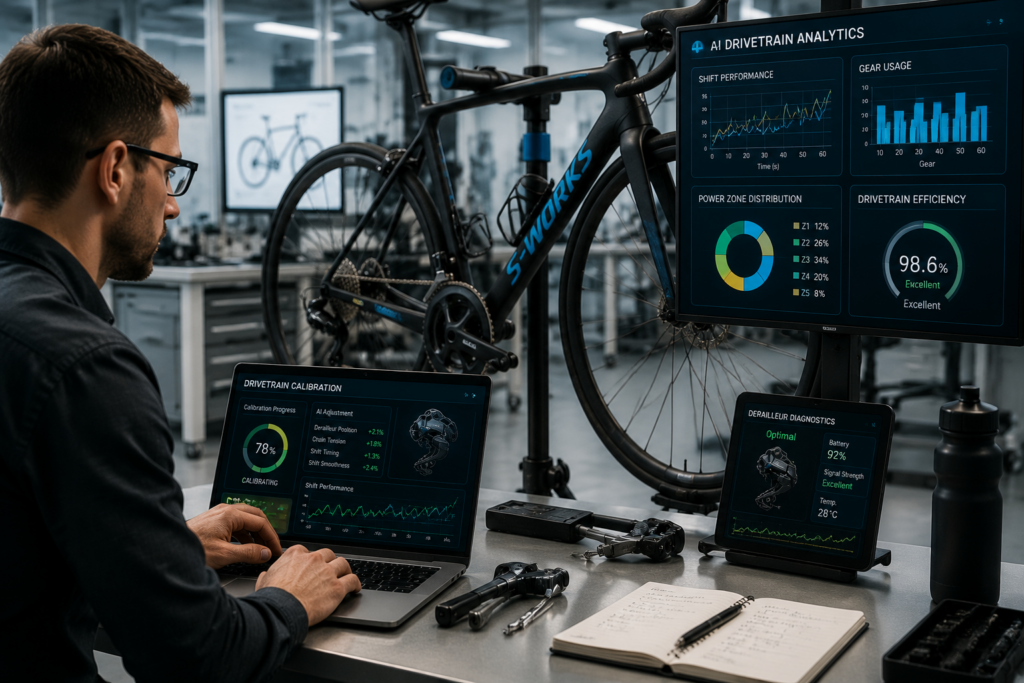Engineer testing AI electronic bicycle drivetrain calibration with performance analytics