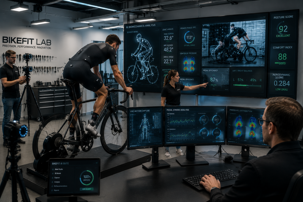 Engineers developing AI bike fit technology with motion capture and cycling performance analytics