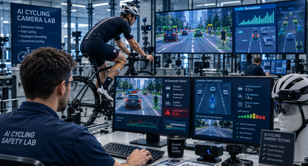 Engineers testing AI cycling cameras with computer vision safety analytics in laboratory