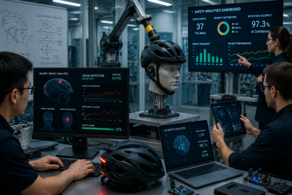Engineers testing AI smart cycling helmets with crash detection and safety analytics