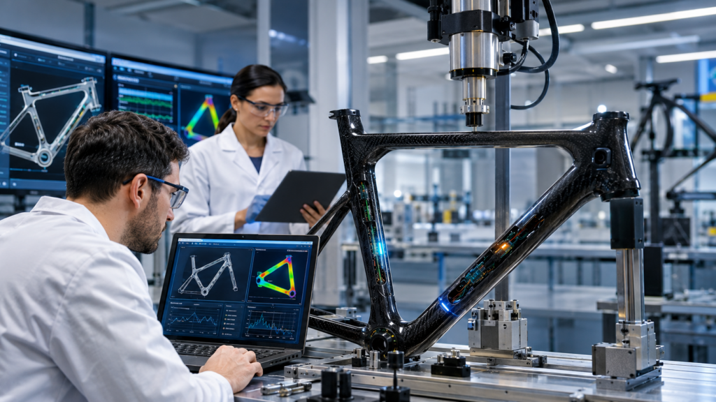 Engineers testing smart carbon fiber bicycle materials with embedded electronics in laboratory
