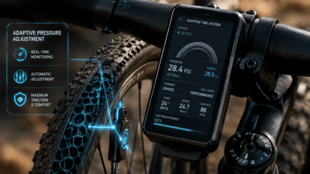 Futuristic cycling tire interface showing real-time adaptive pressure adjustment system