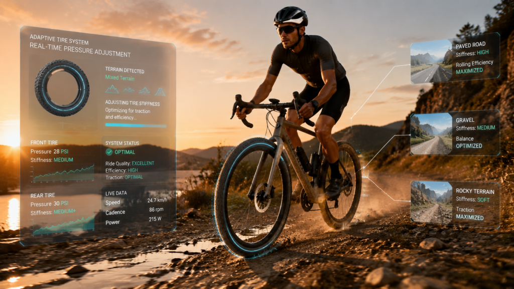 Gravel bike riding on mixed terrain using adaptive pressure tire system adjusting stiffness automatically