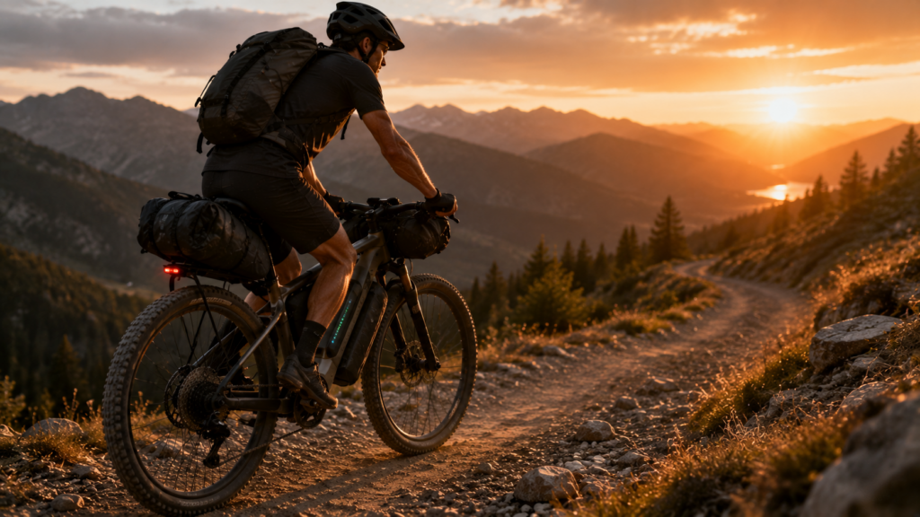 Gravel e-bike loaded for bikepacking with integrated battery and smart assistance riding mountain trail