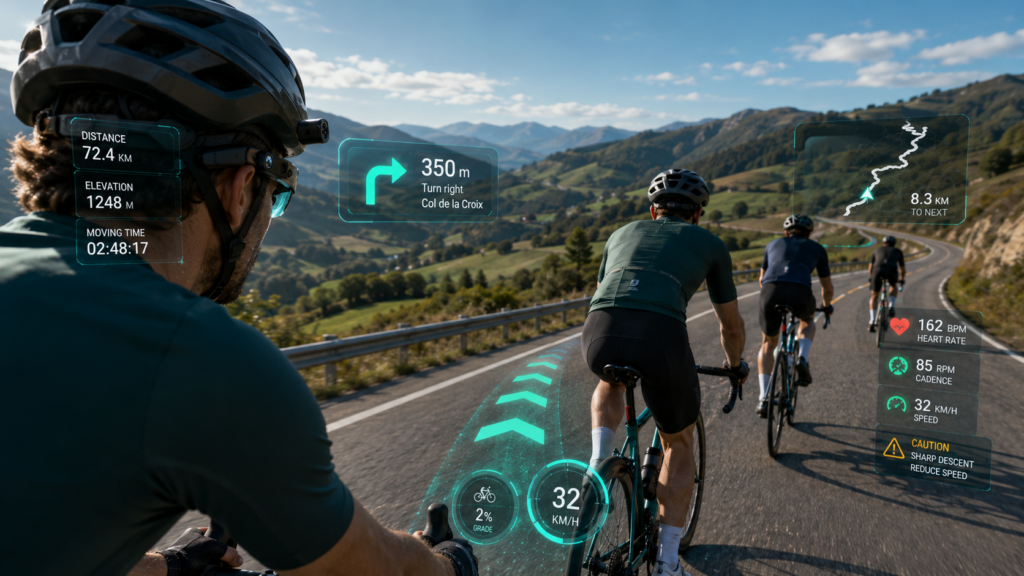 Group of cyclists using AR navigation overlays and HUD displays during a long ride