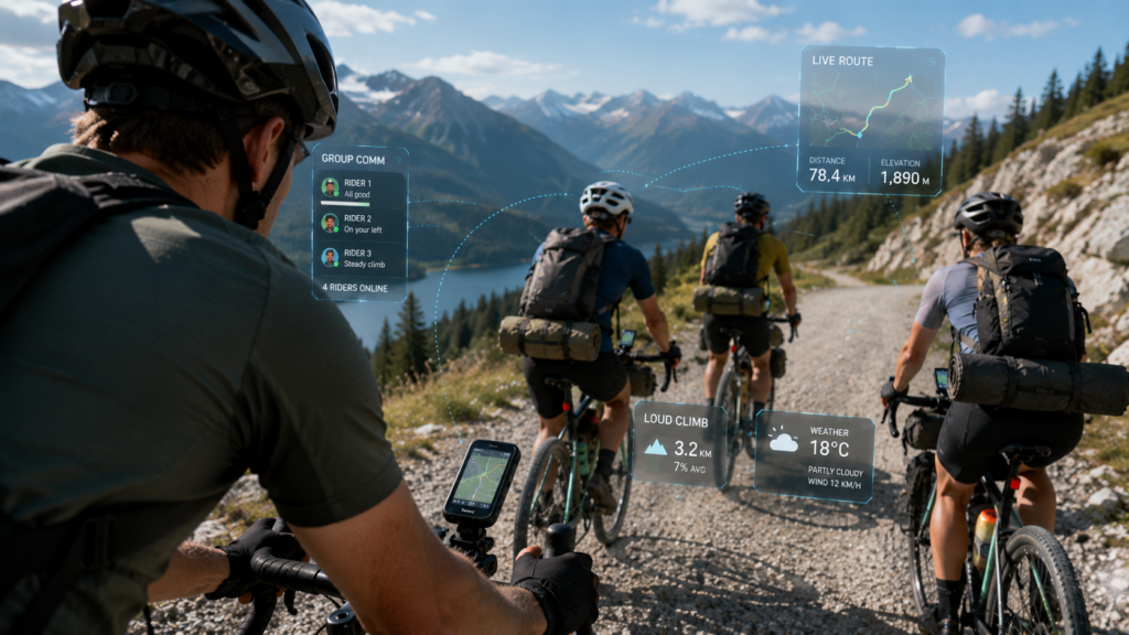 Group of cyclists using connected GPS navigation systems during long distance adventure ride