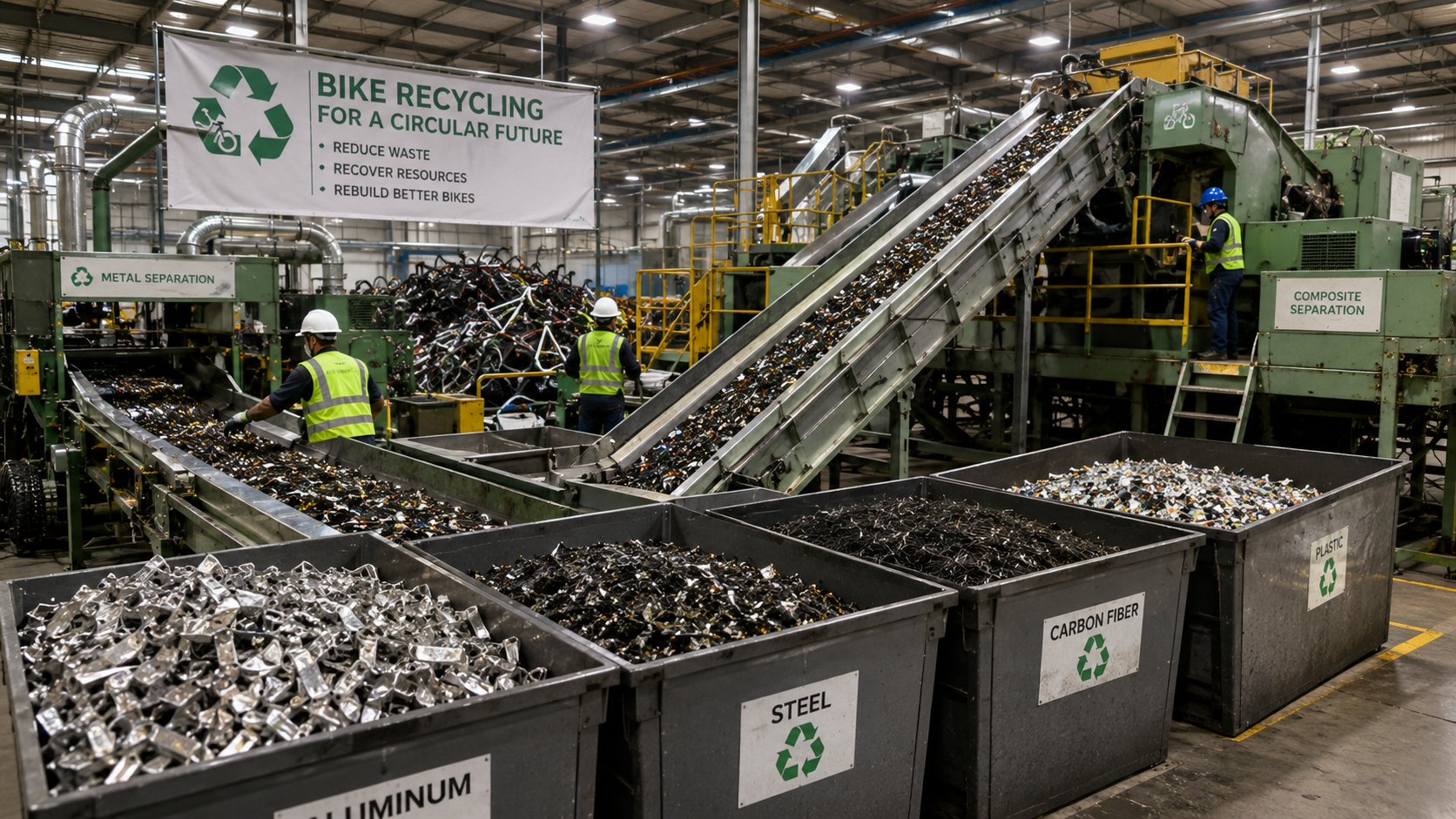 Industrial bike recycling facility separating metals and composites