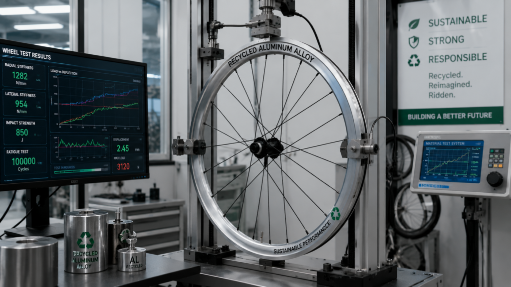 Recycled aluminum alloy wheels being tested in modern bike lab