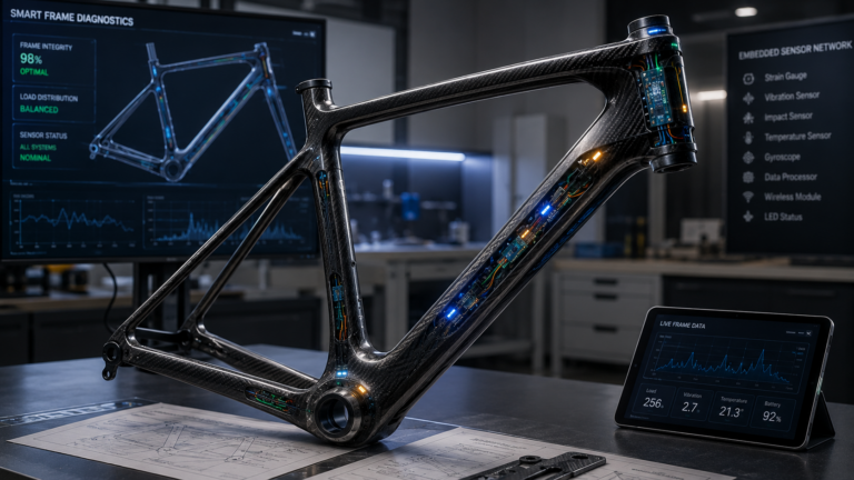 Smart bicycle frame with embedded sensors and connected monitoring technology in engineering studio