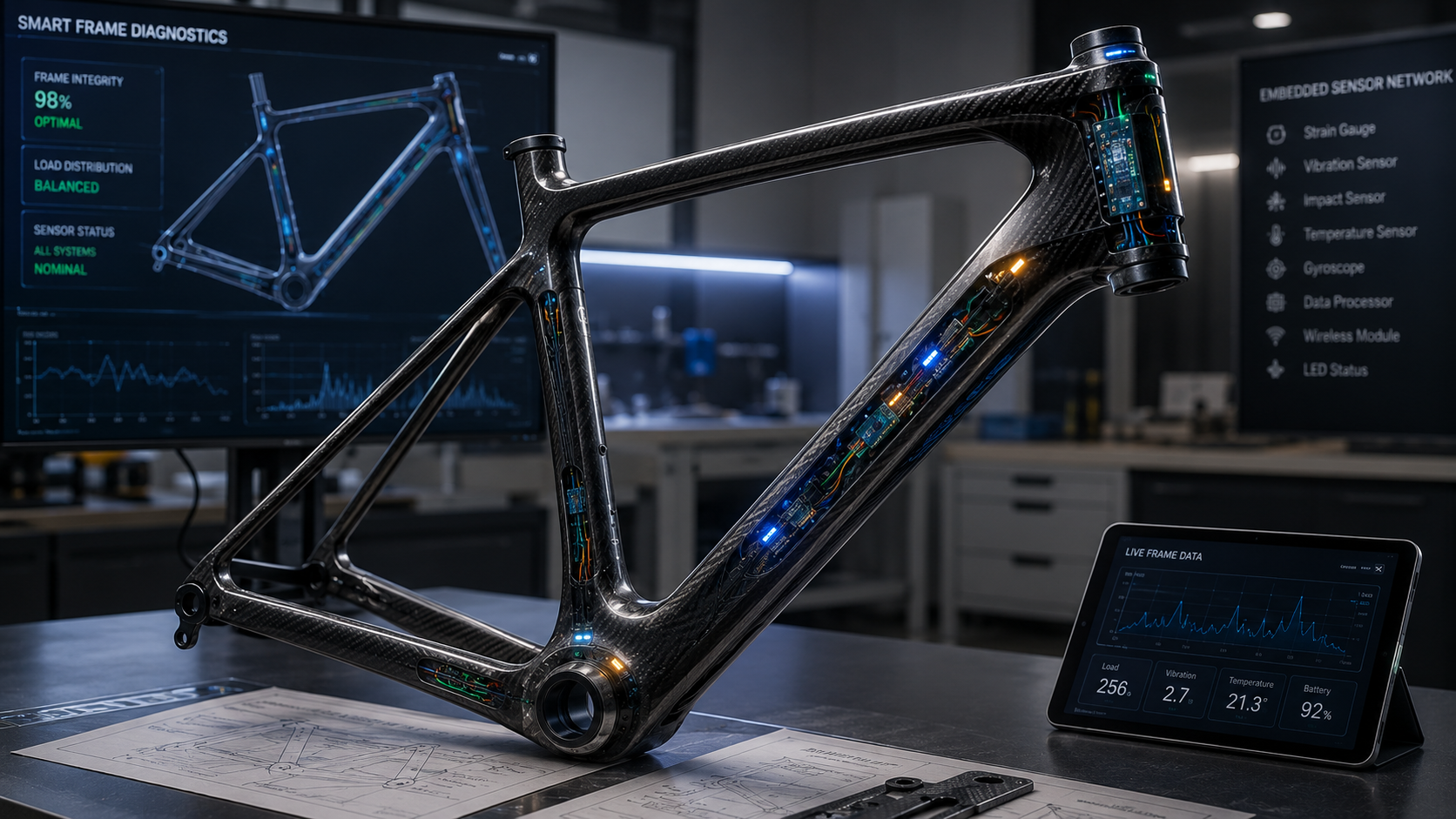 Smart bicycle frame with embedded sensors and connected monitoring technology in engineering studio