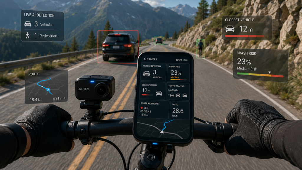 Smart cycling computer displaying AI camera hazard detection and traffic analytics