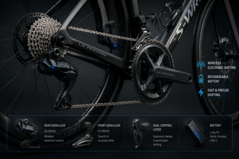 Wireless electronic drivetrain on modern road bike showing smart derailleur and shifting technology