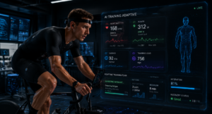 Cyclist training in modern performance lab with AI dashboard overlay