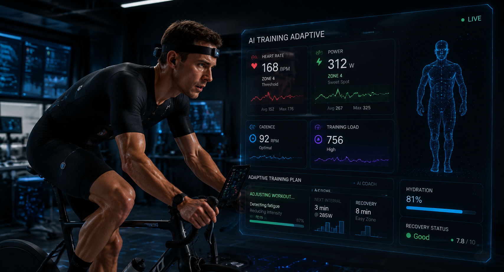 Cyclist training in modern performance lab with AI dashboard overlay