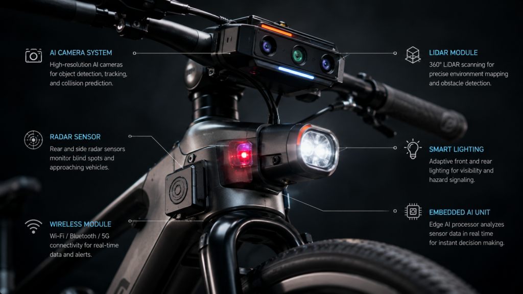 AI bicycle safety sensors with radar cameras and collision detection technology
