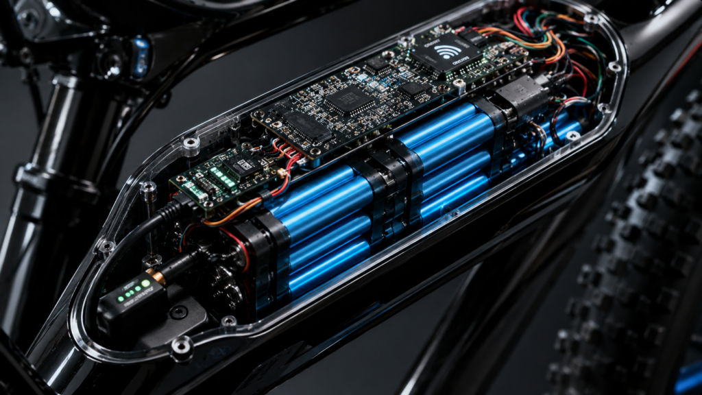 Advanced e-bike battery system with AI monitoring sensors and smart charging technology